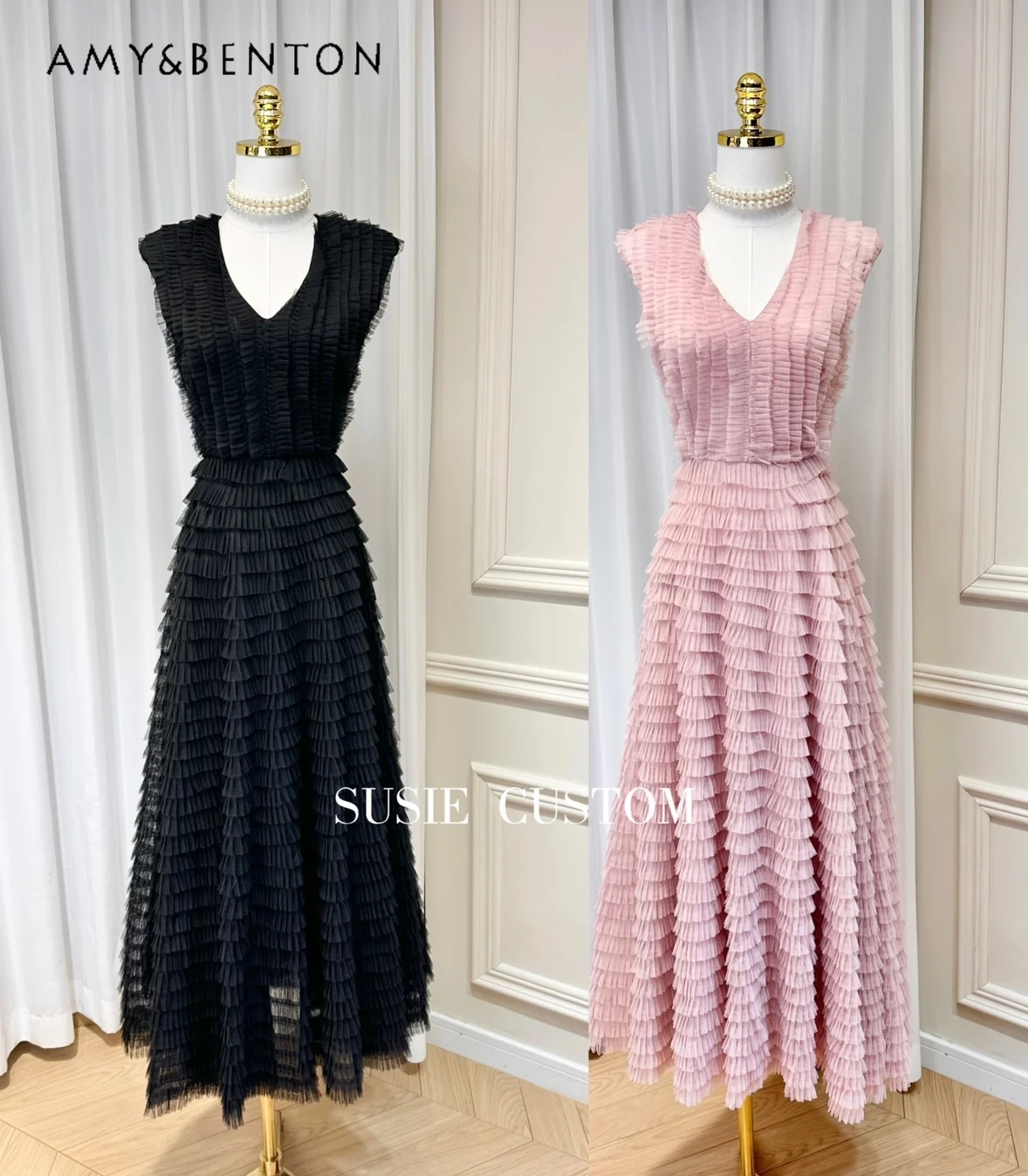 

High-End Custom Fairy Heavy Industry V-neck Off-Shoulder Sleeveless Dress for Women Summer New Slim Pleated Mesh Big Swing Dress