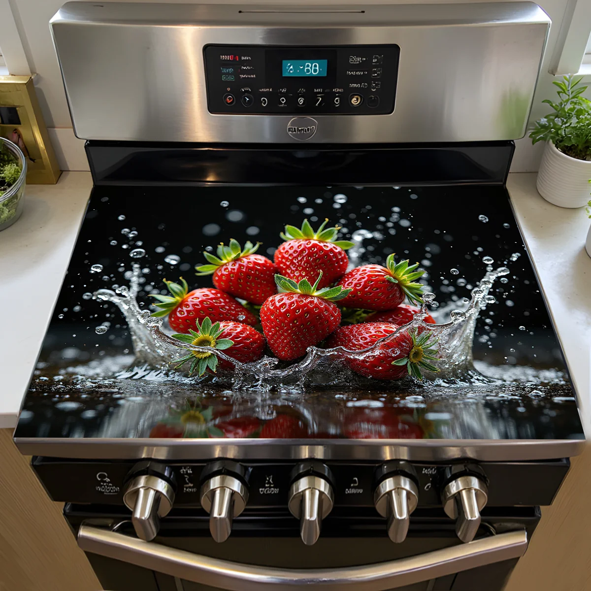 1pc 2D Printed Stove Cover, Strawberry Splash on Black Pattern, Heat-Resistant Protective Mat, 1pc