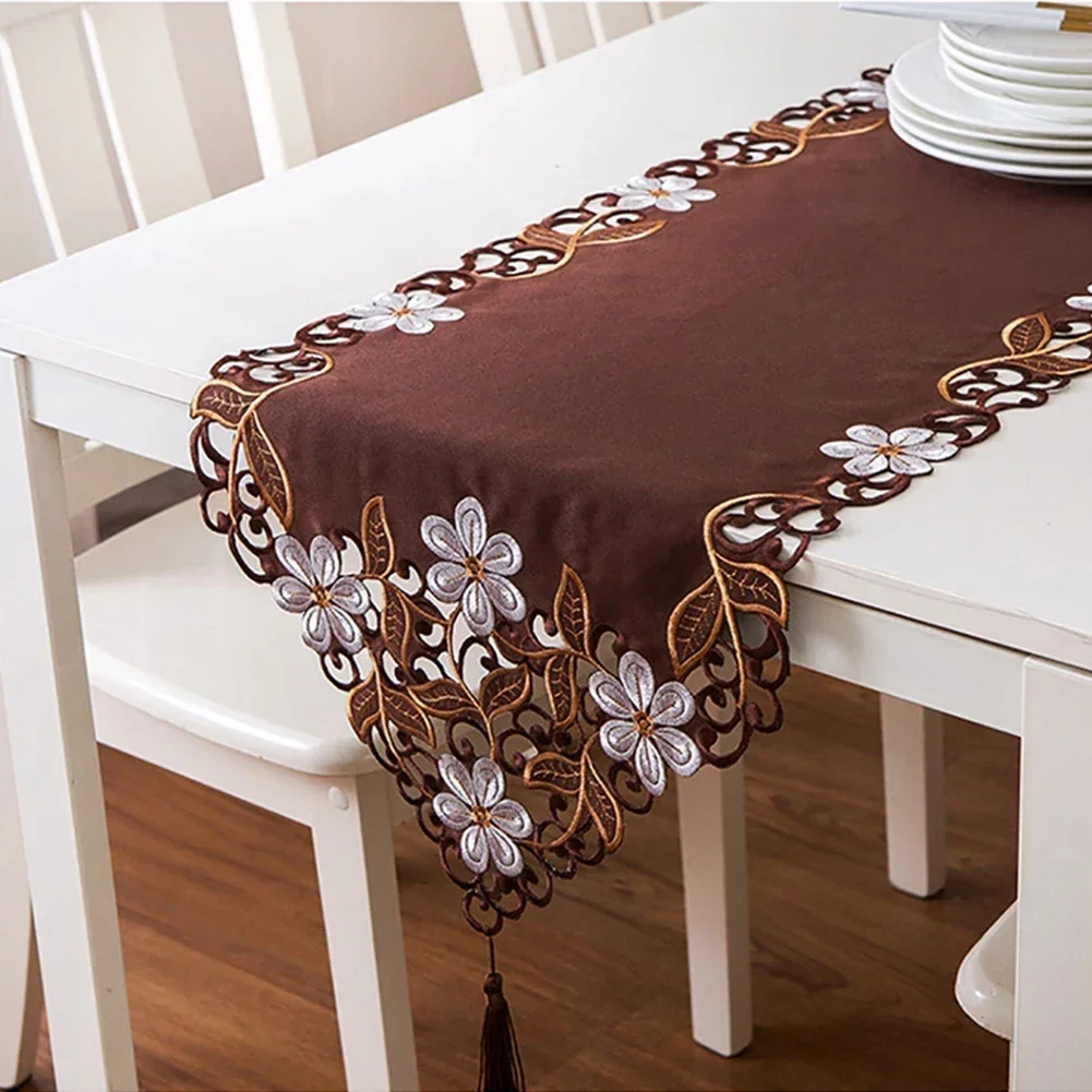 Decorative Rectangle Tablecloth for For runner with Embroidery and Hollow Art Detail for Dining and Side Tables