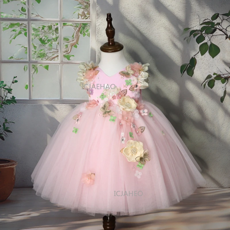 Eid Kids Clothing Gown Floral First Birthday Flower Girl Wedding Puffy Tulle Dress 3D Applique Lolita Girls Princess Costume