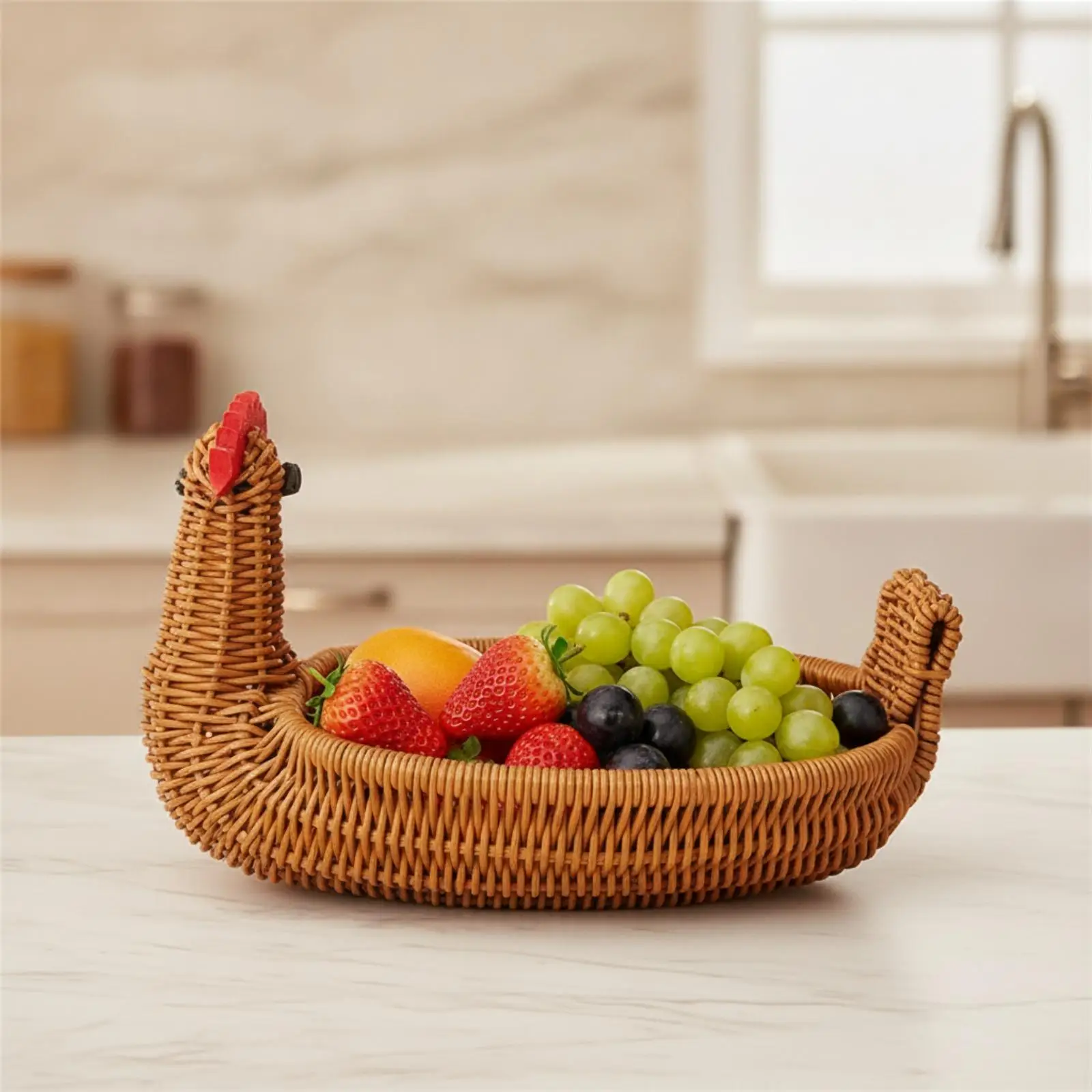 Woven Bamboo Chicken Basket Farmhouse Fruit Holder Tray for Dining Table Living Room Cute Storage Piece