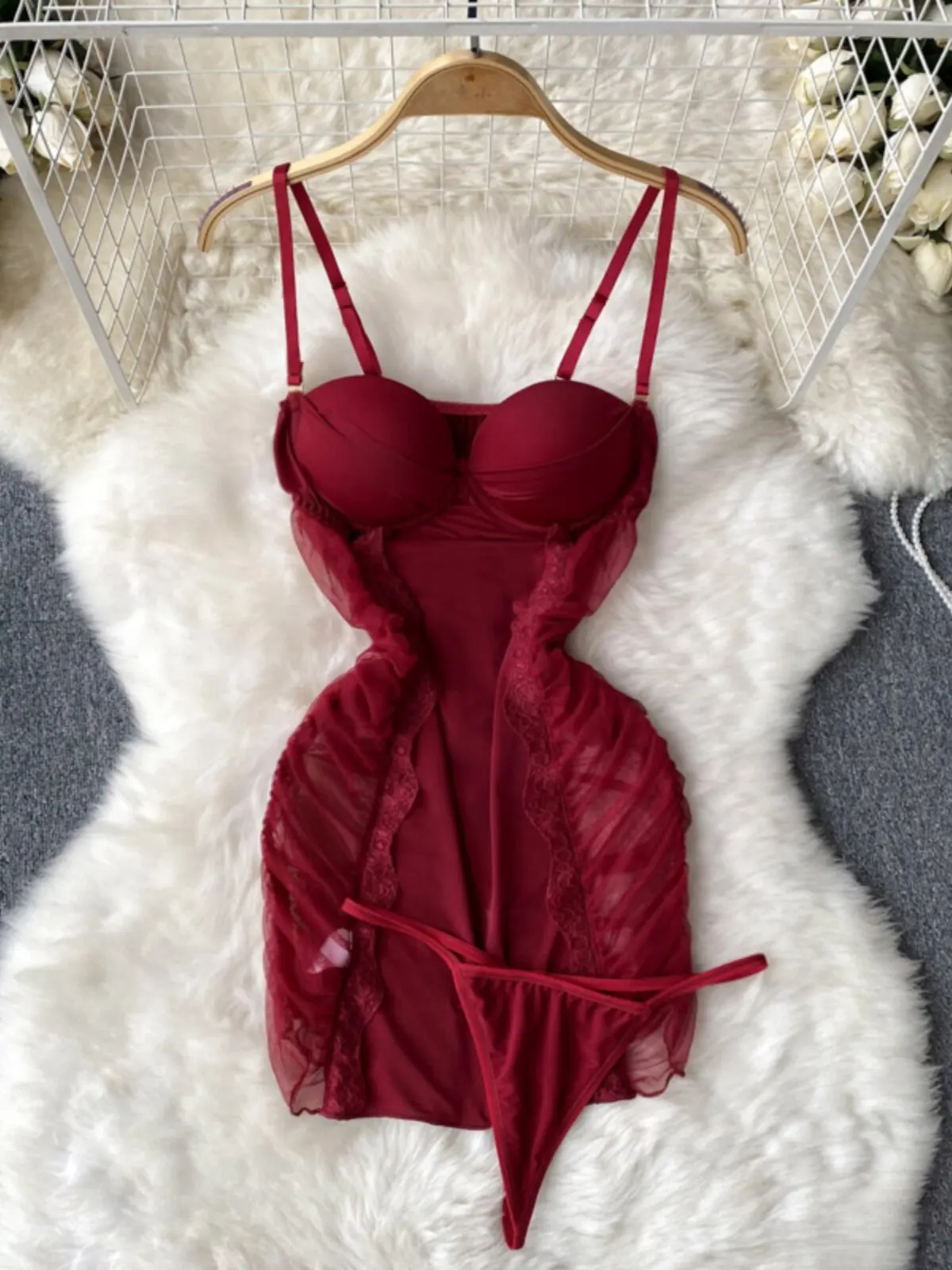 Sexy Slim Fit Ruched Bodycon Sleepwear Camisole Short Dress Women Designer Elegant Mesh Camisole with Thong Underwear Free Dress