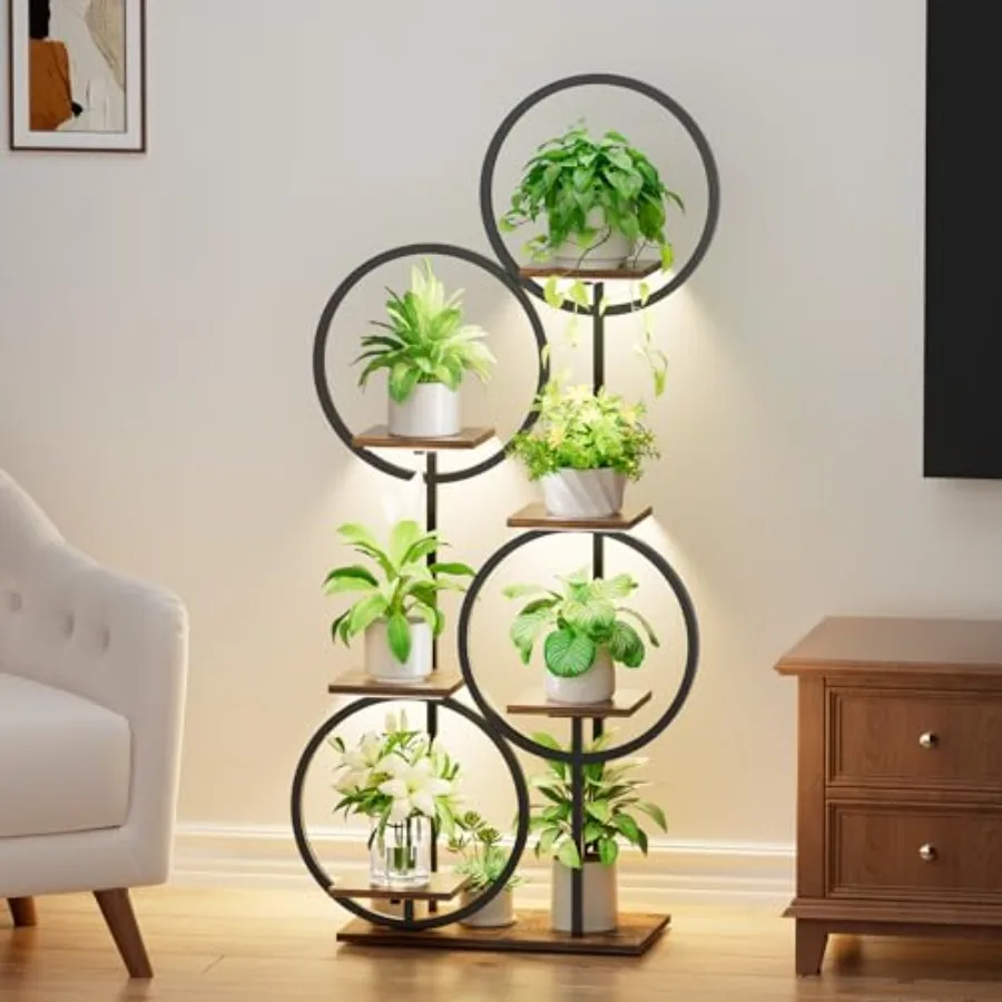 

Металлическая 6-ярусная подставка для растений высотой 55 дюймов с лампами для выращивания, для комнатных растений, многофункциональная угловая полка для растений