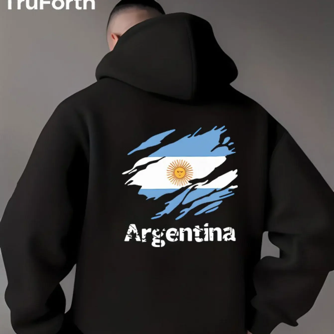 Retro Distressed Argentina Ripped Flag Letter Print Men's Hoodie, Football Supporter Casual Loose Long-sleeved Hoodie