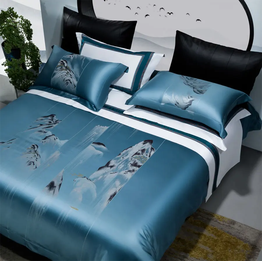 Modern scenery mountain bedding set,full queen king elegant jacquard 100s cotton home textile bed sheet pillow case quilt cover