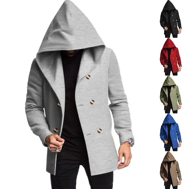 

Spring And Autumn Men'S European And American Mid-Length Slim Fit Trench Coat，Hooded Casual Solid Color Single-Breasted Jacket。