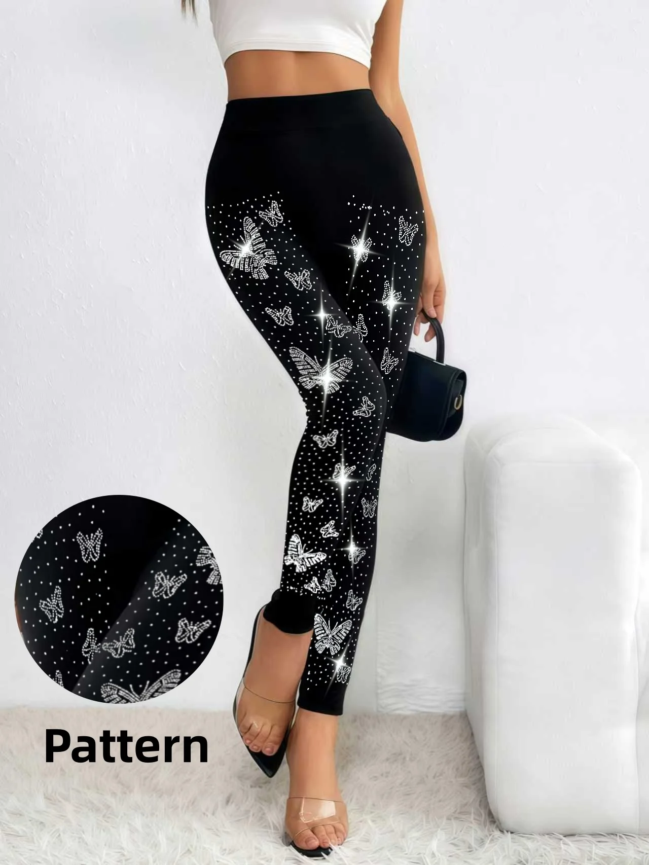 Women's High Waisted Rhinestone Butterfly Leggings Sparkly Crystal Bling Embellished Yoga Pants Sexy Slim Fit Tights Black