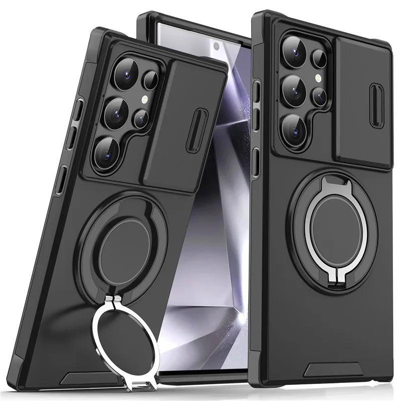 Luxuriöse, robuste Handyhülle mit magnetischer Halterung, für Samsung S26 S25 S24 S23 Ultra, Schiebe-Kameraschutz, PC-Abdeckung