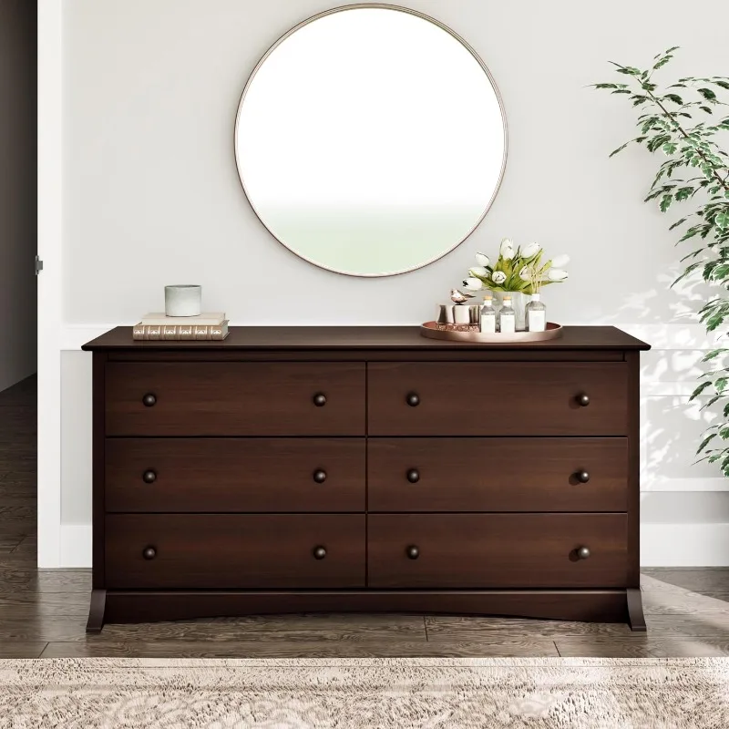 Bedroom Furniture: Espresso Double Dresser for Bedroom, 6-Drawer Wide Chest of Drawers, Traditional Dresser