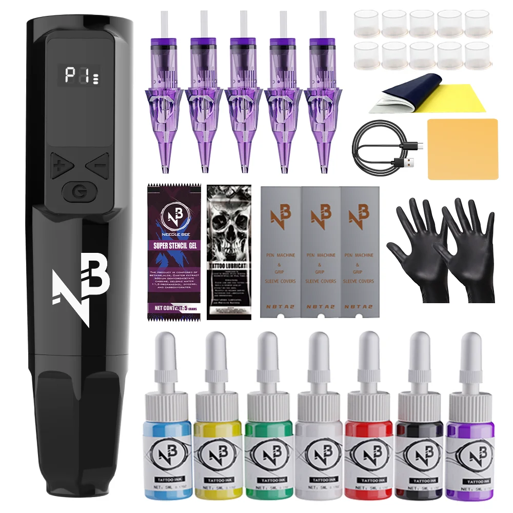 Black Wireless Tattoo Pen Kit LED Display 7 Colors Ink Cartridge Needles Complete Tattoo Supplies for Beginners