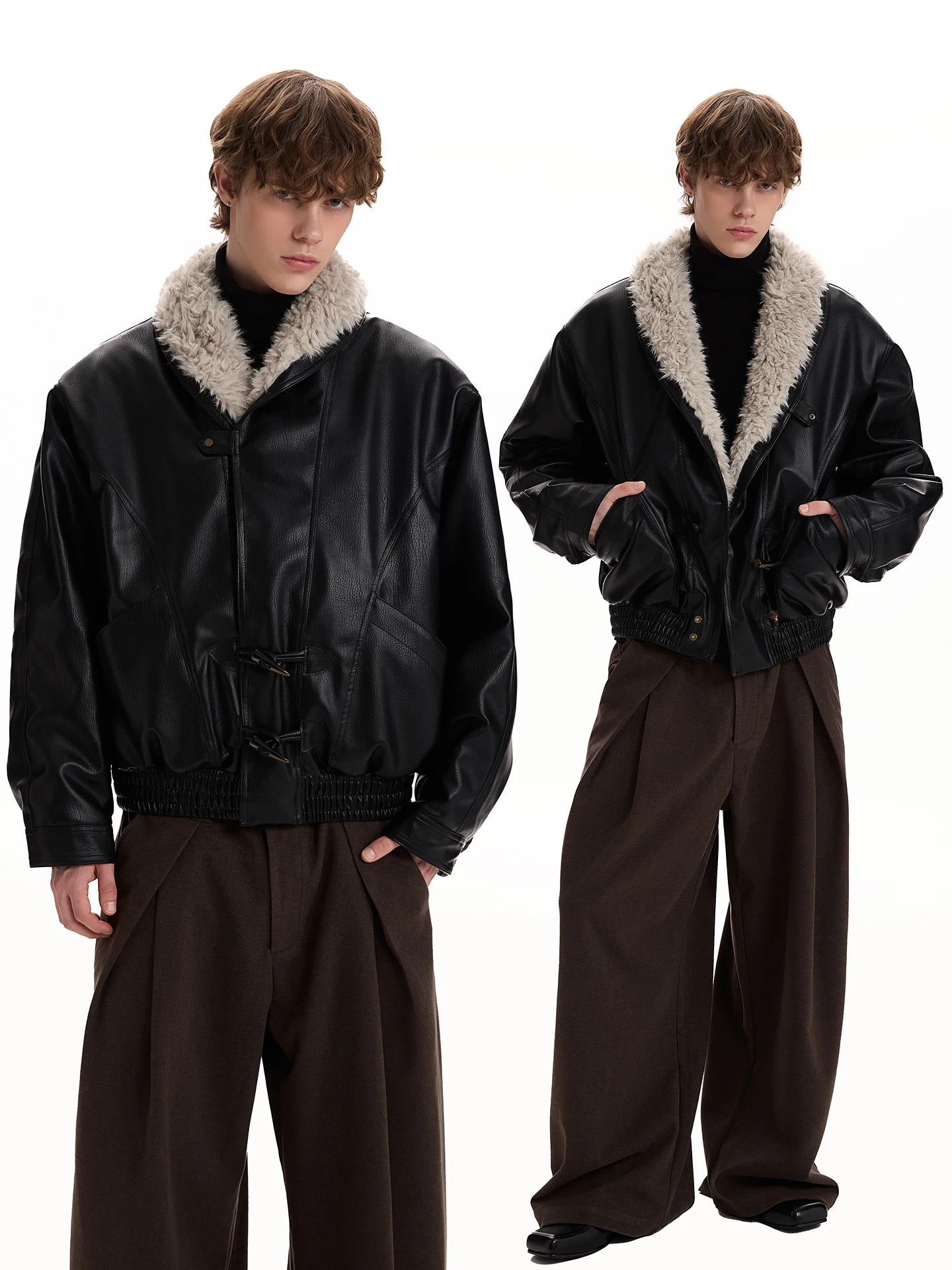 

American Retro PU Leather Jaet with Fur Collar ort Loose Thiened Cotton Winter Coat Youth ular Boxy Sle for Men An...