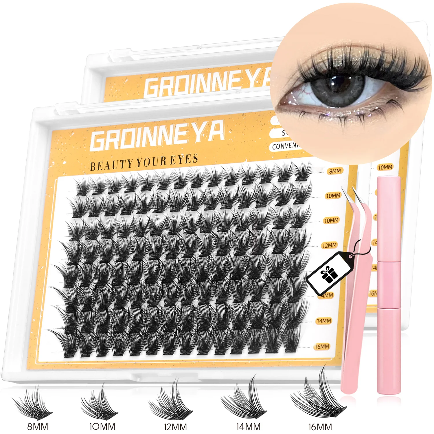 GROINNEYA DIY Lash Clusters Lash Extension Kit Individual Lashes Kit with Lash Bond & Seal Tweezers Eyelash Extension