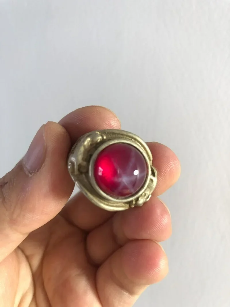 Vintage Antique Pi Xiu Wide Open Ring,Inlaid Star Ruby Cabochon,Unisex Couples Retro Thick Statement Fashion Ring