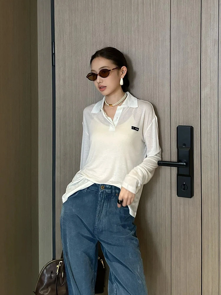 

Miu Sle Letter P Ne Thin Sun Protection irt Женская свободная длинная футболка Sve Base Layer irt для поездок на работу с простым принтом