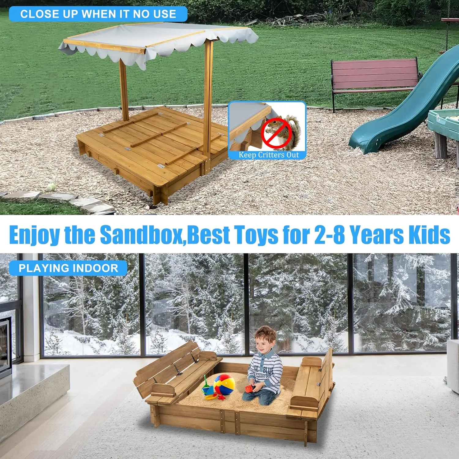 Cajas de arena con tapa para niños, caja de arena con cubierta, cajas de arena de madera para niños con dosel para exteriores para 3-8 años, con Cano de altura ajustable