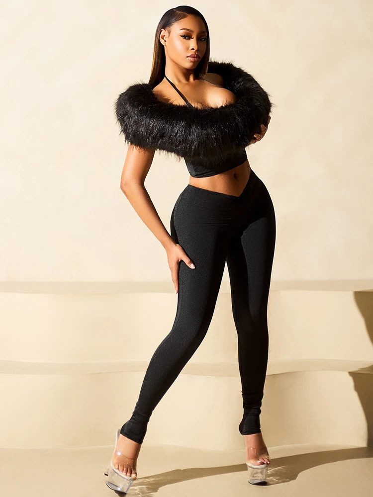 

Weird Puss Sexy Fur Patchwork 2-Piece Set Women Luxury Halter Lace-Up Crop Tops+Leggings Skinny Stretch Elegant Street Outfits