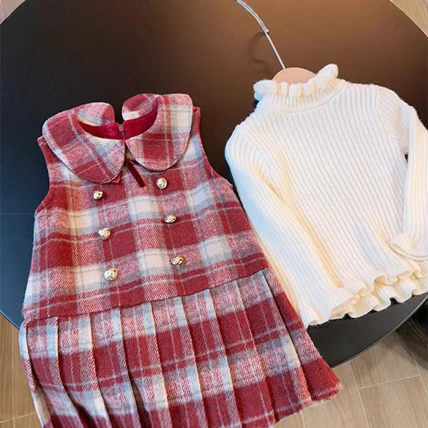 Autumn Winter Kids Girl 2PCS Clothes Set Solid Knitted Sweater Plaid Pleated Plus Velvet Princess Dress Suit Toddler Girl Outfit