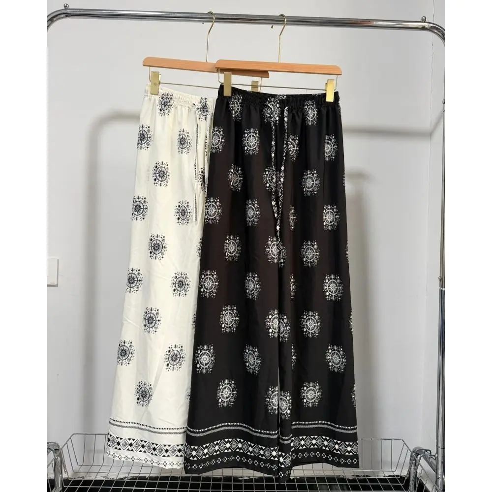 Versatile Boho Printed Long Pants Bkack White Thin Baggy Pants Drooping Sensation Soft Straight-Leg Pants Spring Summer