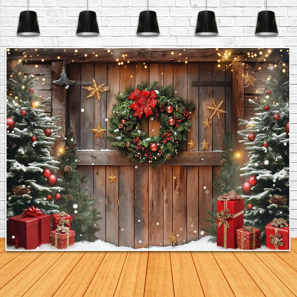 Mocsicka Christmas Wooden Door Photography Backdrops Wreath Xmas Tree Snow Winter Outdoor Portrait Photo Background Studio Props