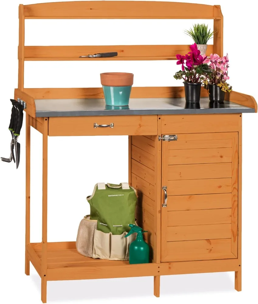 

Best Choice Products Outdoor Garden Wooden Potting Bench Work Station W/Metal Table Top, Pre-Stained Finish, Cabinet