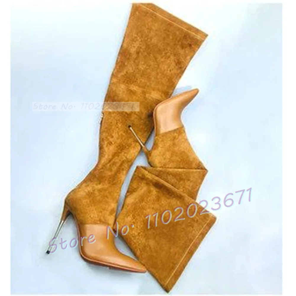 

Brown Suede Metal Heeled Boots Women Elegant Patchwork Stretch Thigh High Boots Hot Girl Metal Decor Casual Spring Long Shoes