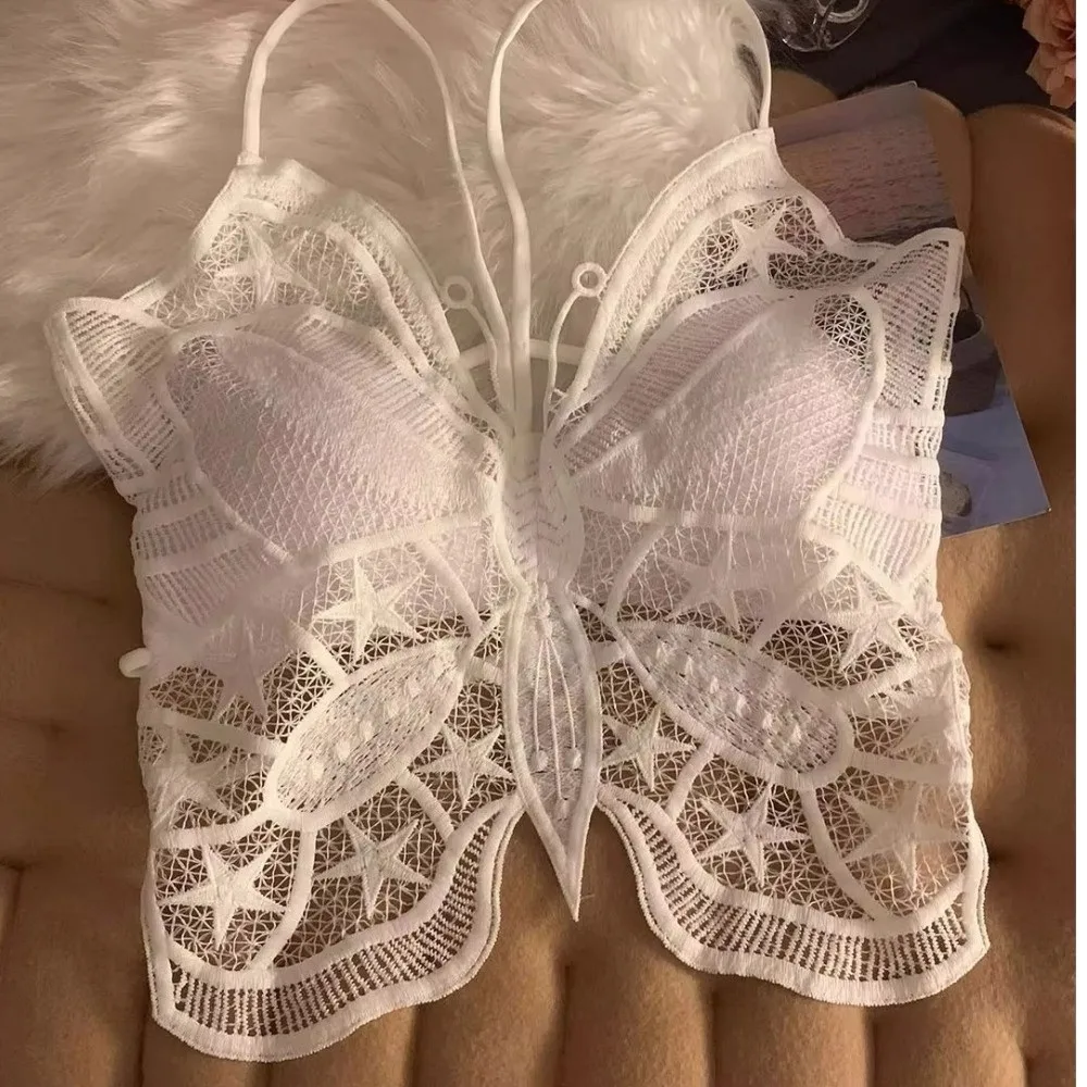 Thai Style Backless Butterfly Vest Bras Slim Fit Transparent Butterfly Camisole Sleeveless Mesh Crop Top Vacation Wear
