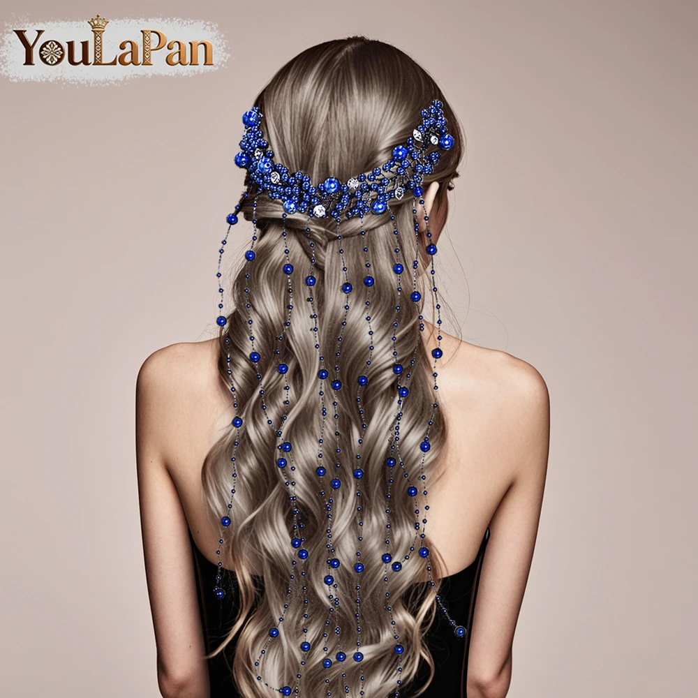 youlapan-ファッションブルーカラーパールタッセルヘッドバンド双頭ヘアコームウェディングヘッドピース手作りヘアアクセサリー-a230