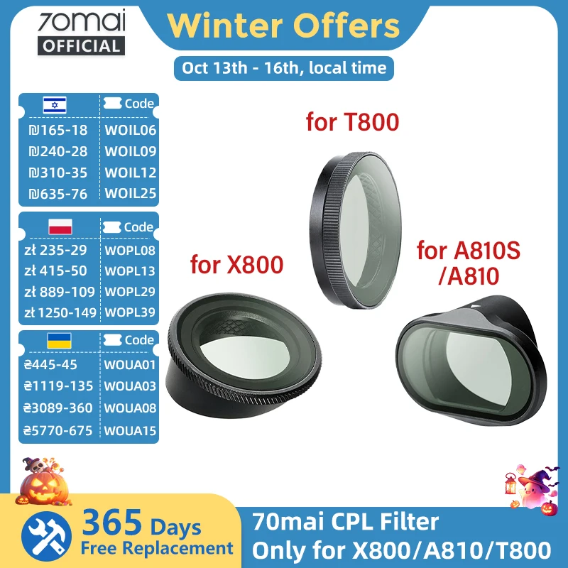 Original 70mai CPL-Filter für 70mai A900/ T800/ X800/ A810 Lite/ A810S/ A810 Zirkularpolarisierende Objektivfilter Objektivdeckel