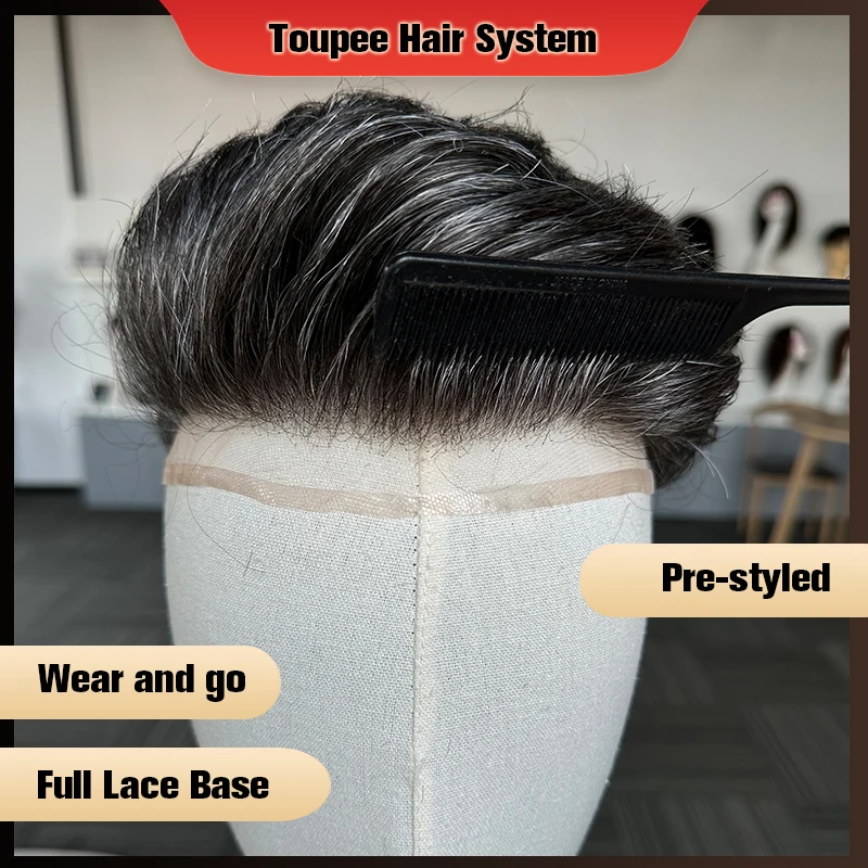 Pre Cut Men\'s Toupee Full Lace Base Human Hair Replacement Toupee System Unit Hair For Men 1B40 Male Wig For Men Hair Prosthesis