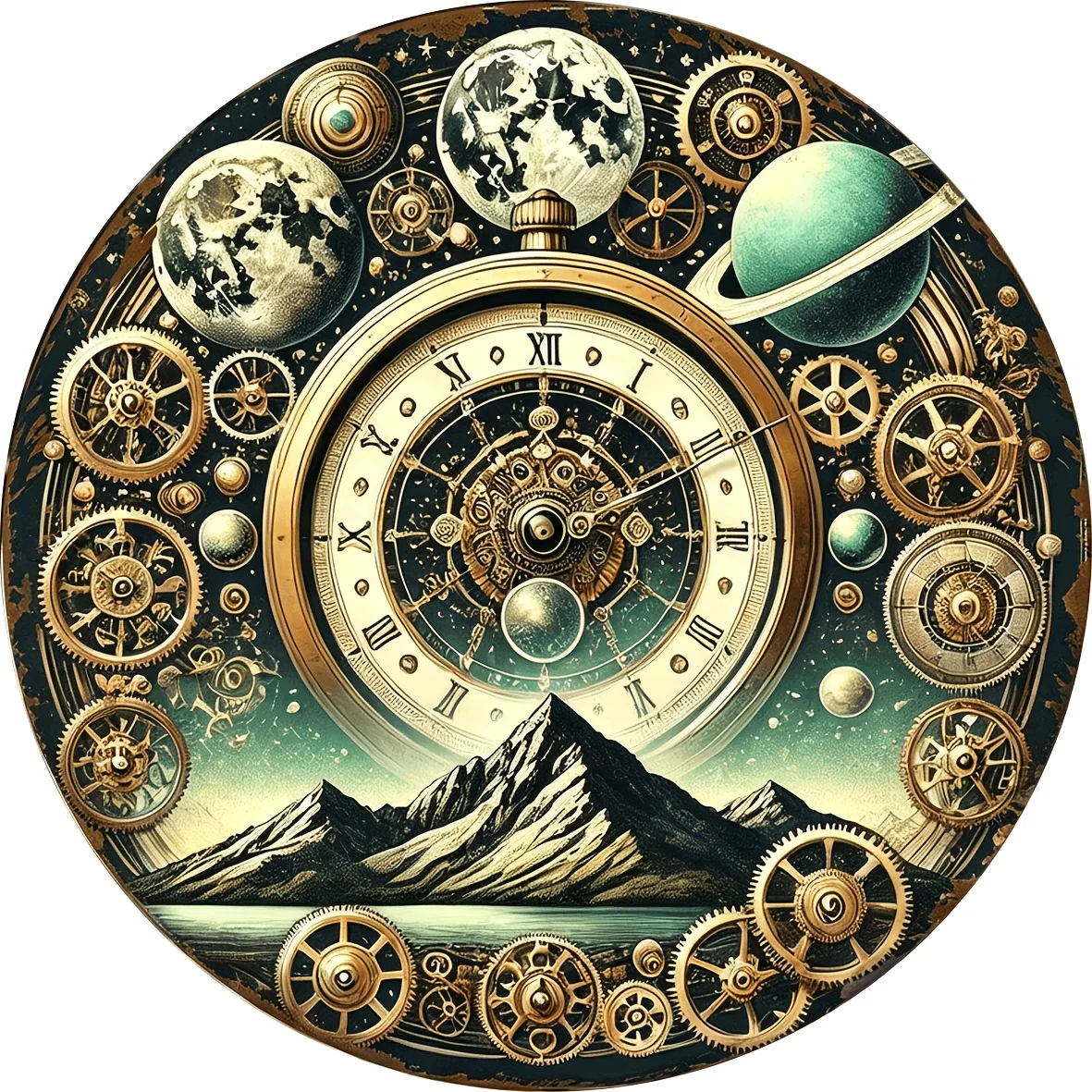 2D Flat , Steampunk Universe Gear Wall Decoration  Metal Time Travel Sign, Suitable for Home, Office Decoration