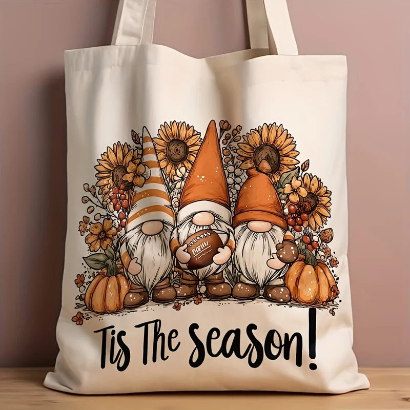 Tis The Season Fall Gnome Canvas Tote Bag Sunflower Pumpkin Football Thanksgiving  Casual Reusable Women Shoulder Shopping Bag