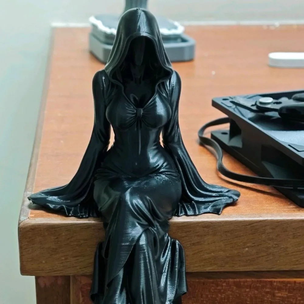 3D Printed Black Robe Figurine Gothic Style Mysterious Sitting Pose Lady Sculpture Integrated Dark Themed Hooded Woman Statue