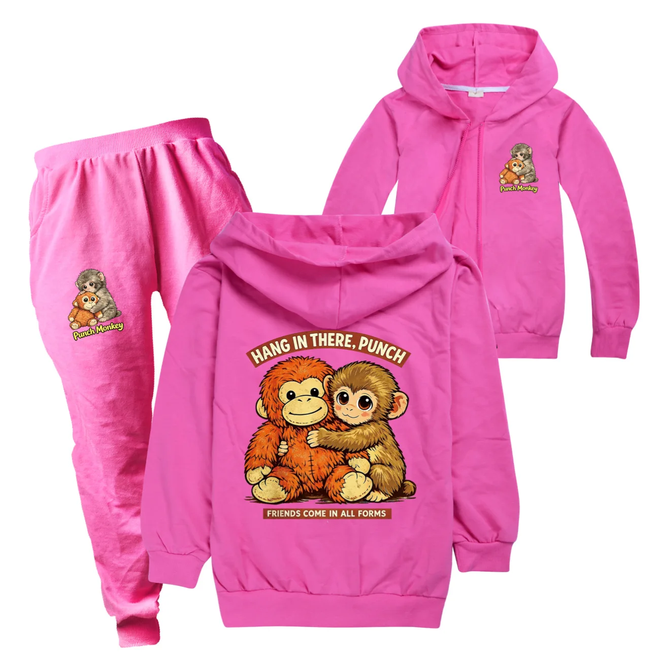 Punch Monkey Girls 2-Piece Cotton Hoodie Set with Zipper Casual Outdoor Spring Autumn Clothing for Kids Aged 5-14 5545