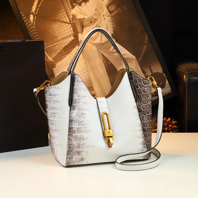 White Leather Crocodile Women Handbags Shoulder Messenger Bucket Bag 2024 Large Capacity Fashion Basket Commuter Lady Mom Bags