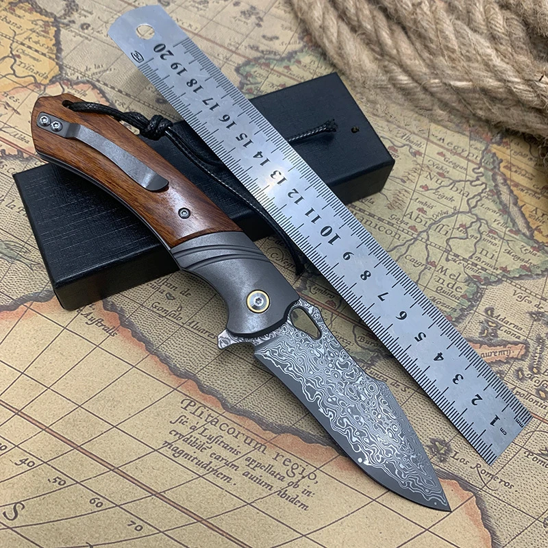 

RHON 3.4inch Damascus Steel Camping Pocket Knife Outdoor Surivial Wood Cutting Folderable Folding EDC Carry Knives Wooden Handle