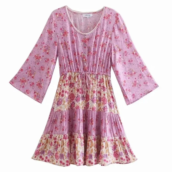 GypsyLady Mini abito floreale Vintage rosa Holiday Boho abito da donna manica svasata Summer Holiday Ladies abiti Sexy femminili 2021