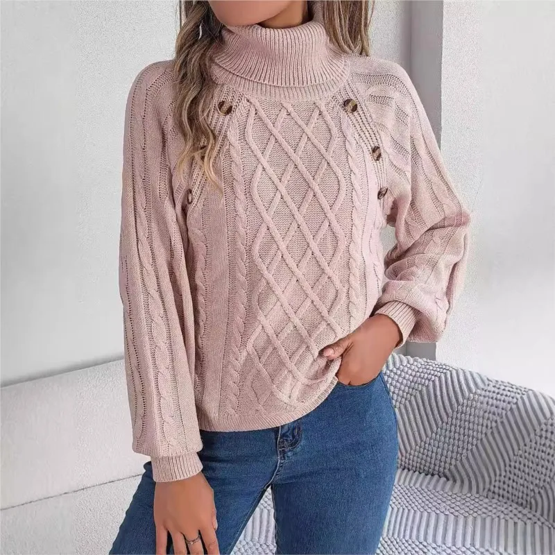 Ladies Solid Knitting Sweater Autumn Winter 2024 Casual Solid Button Fried Dough Twist High Neck Lantern Sleeve Pullover Sweater