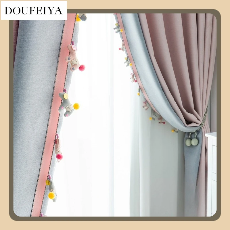

Fashion Modern Pony Lace Gray Powder Curtains Full Blackout Children's Room Bedroom Curtains for Living Dining Room Bedroom