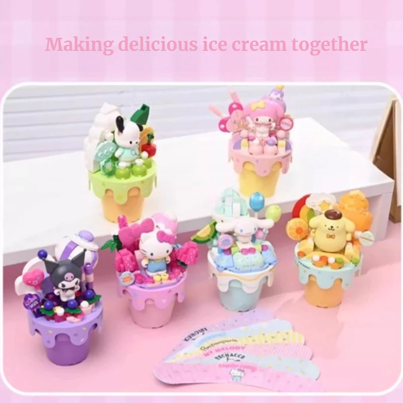 Keeppley Sanrio Building Block Kuromi My Melody Hellokitty Cartoon Ice Cream Cake Decoration Model Children's Toys Girl Gift