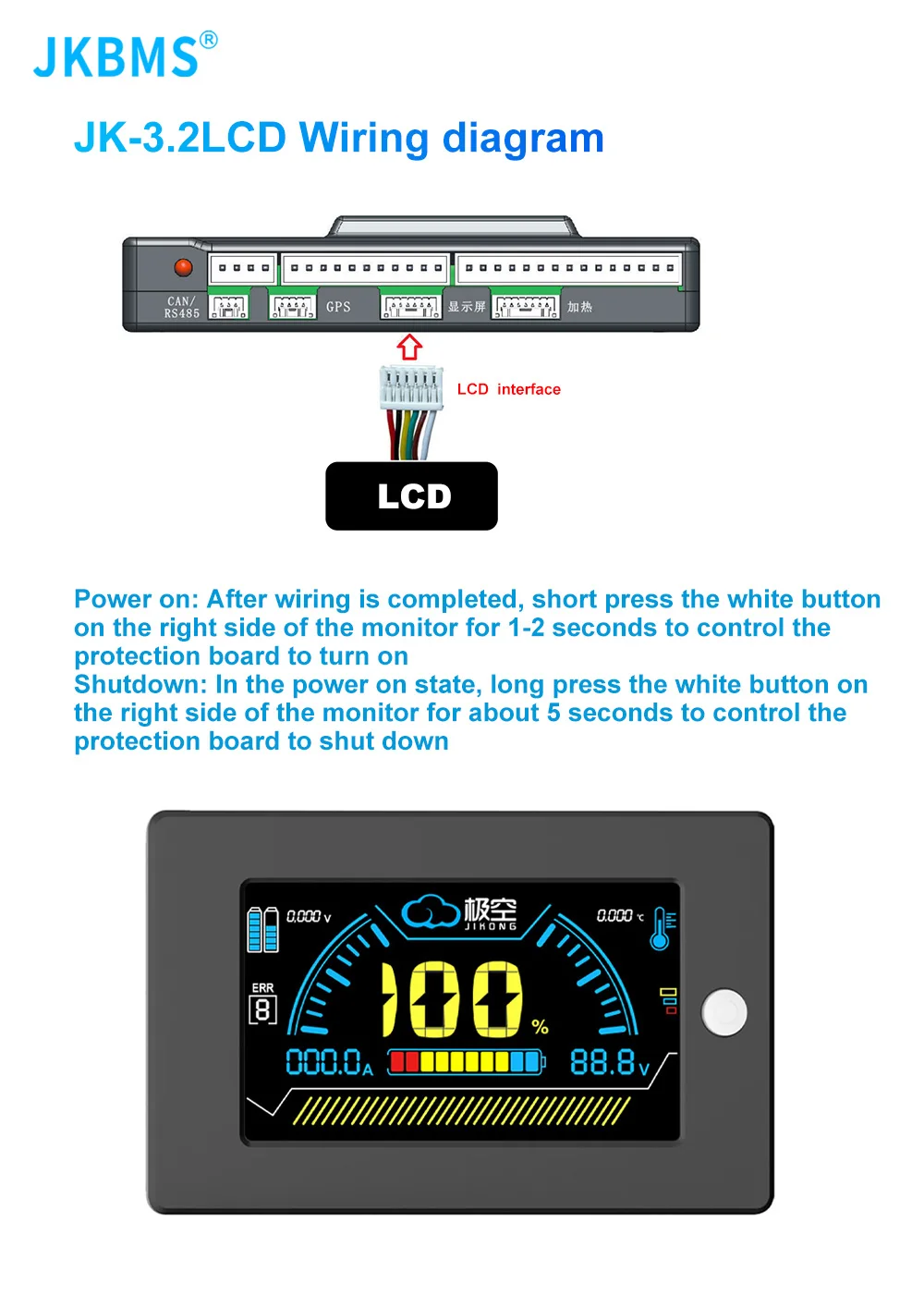 JKBMS inteligentny wyświetlacz LCD BMS 3,2-calowa bateria litowa inteligentne akcesoria Bms inteligentny wskaźnik poziomu baterii Monitor JK BMS