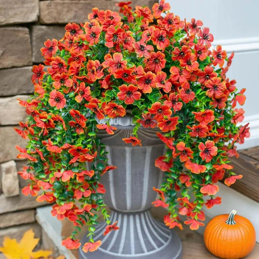 

HyeFlora Artificial Fall Flowers for Outdoors Fake Hanging Decoration, 2Pcs Orange Daisy with Autumn Leaves, Realistic Plants