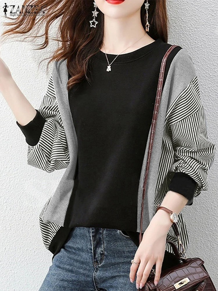 2024 ZANZEA Casual Loose Shirt Stylish Autumn Sweatshirts Women Long Sleeve Work Blouse Striped Patchwork Tops Female Pullovers