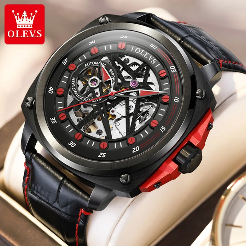 

OLEVS Fashion Skeleton Automatic Mechanical Watch Genuine Leather Strap 30M Waterproof Clock Brand Original Men Watch Reloj 6682