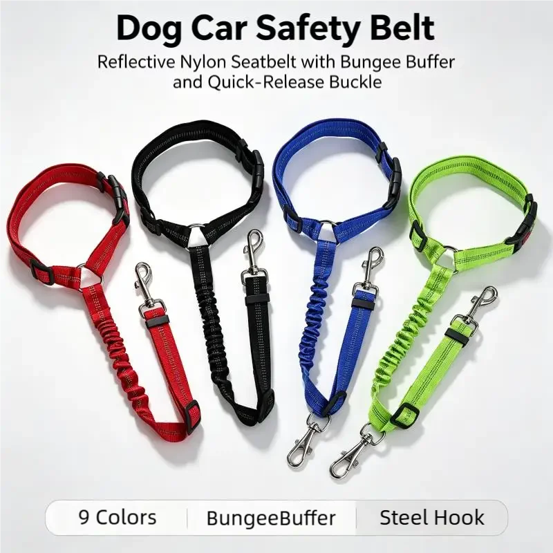 Dog Seat Belt for Car,Dog Car Harness Seatbelt Adjustable with Elastic Bungee Buffer, 2in1 Pet Leash Restraint Dog Safety Tether