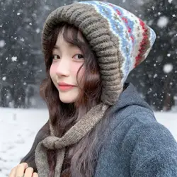Women's Winter Hat Elastic Knitted Woolen Hat Winter Warm Ear Protection Hat Ethnic Style Bomber Hats Korean Sweet Beanies Cap