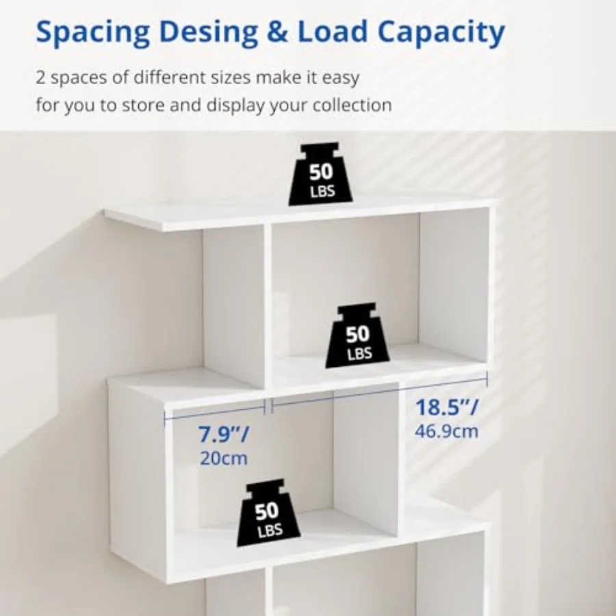 Living room office bookshelf set: geometric S-shaped 62 tall abstract bookcase, engineered wood, white, 5-tier display shelf wi view 6