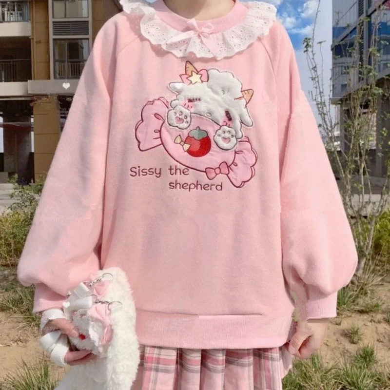 2025 Spring Women Lace Neck Cute Hoodies Harajuku Kawaii Sweatshirt Lolita Girl Pink Pullover Lamb And Candy Embroidery Sudadera