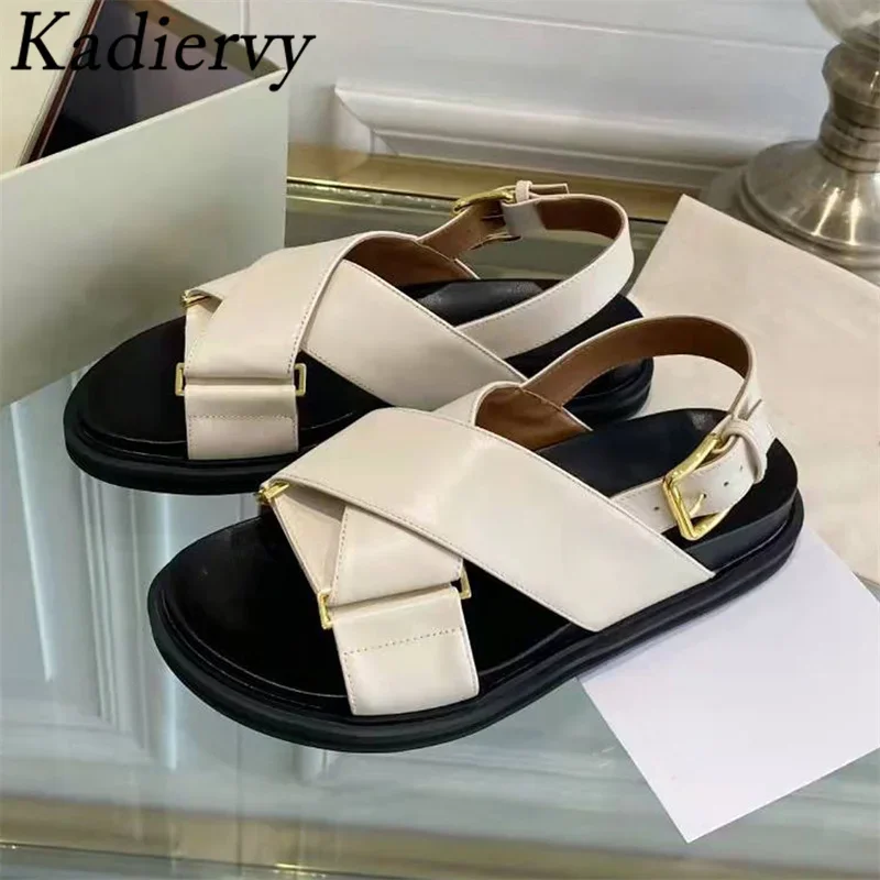 Casual Flat Sandals Woman Genuine Leather Cross Strap Holiday Beach Shoes Lady Peep Toe Thick Sole Roman Sandals Women Sandalias