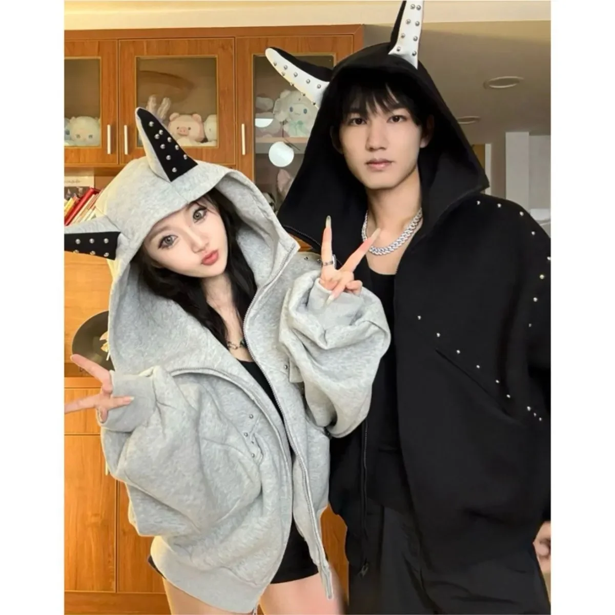 Goth Y2K Aesthetic Zip-up Hoodie Sweatshirt with Studded Jacket All-match New Oversized Top Spring Autumn Varsity Jacket Clothes