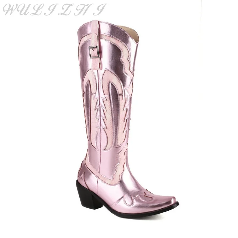 Pink High Heel Western Cowboy Boots Women's Sweet Belt Buckle ​​pattern Knee High Boots Elegant Pointed Toe Dress Shoes Ladies